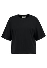 Camiseta de algodón negra con cuello redondo, mangas cortas y un ajuste relajado. Diseño sencillo sin patrones ni detalles metálicos.