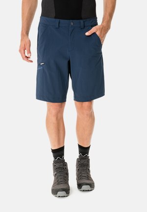 Navy hiking shorts with two side pockets and a zippered pocket. Made of lightweight fabric, featuring a button closure and contrasting accents.