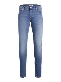 Jeans de denim azul skinny-fit com um acabamento desbotado. Apresenta um fecho de botão, cinco bolsos e detalhes costurados ao longo das costuras.