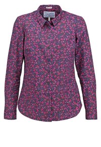 Chemise à manches longues boutonnée avec une base violet foncé et un motif floral dense rose et violet.