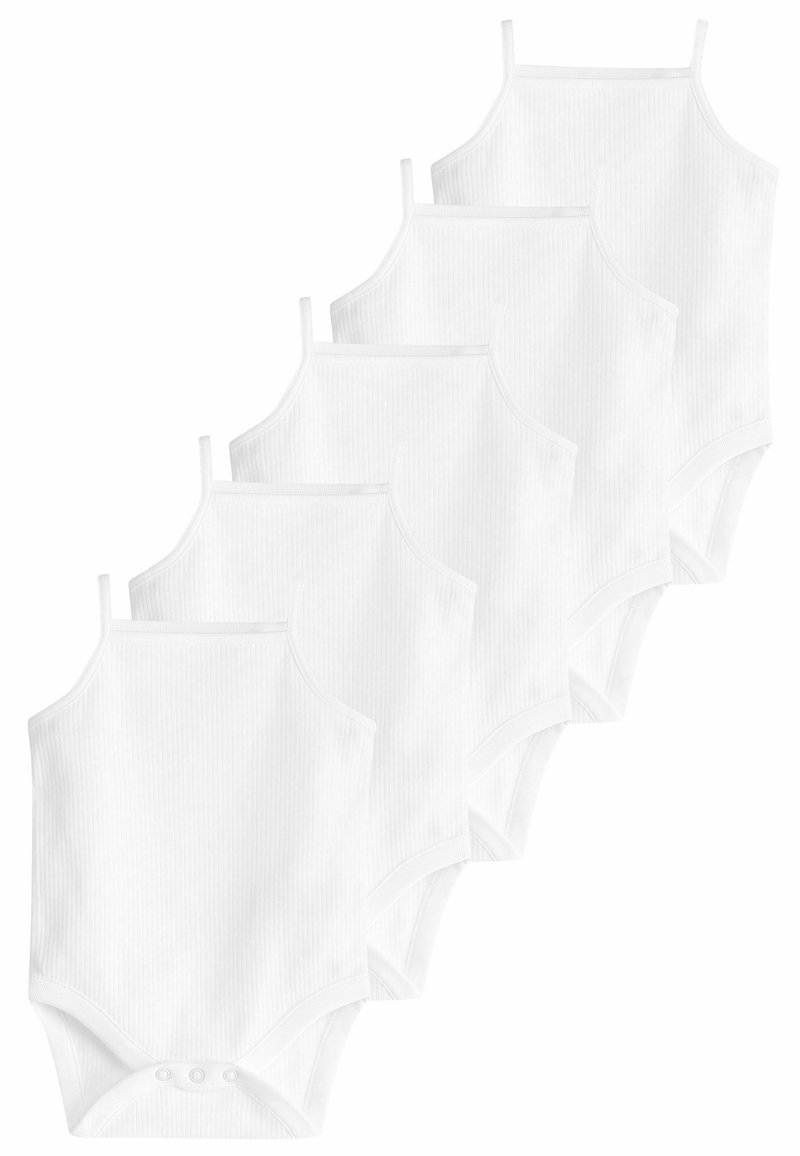 Zestaw sześciu białych bawełnianych body dla niemowląt z ramiączkami, prążkowaną strukturą i zapięciem na napy na dole, co ułatwia zakładanie.