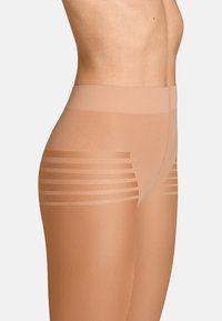 Collant color nude con finitura trasparente, caratterizzati da motivi a righe orizzontali nella parte superiore, texture liscia e design con vita alta.