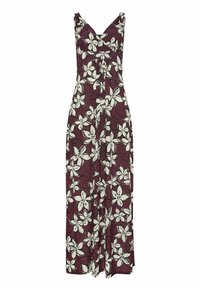 Long, sleeveless dress in dark burgundy fabric featuring a large white floral pattern. V-neckline and gathered waist detail, flowing skirt.