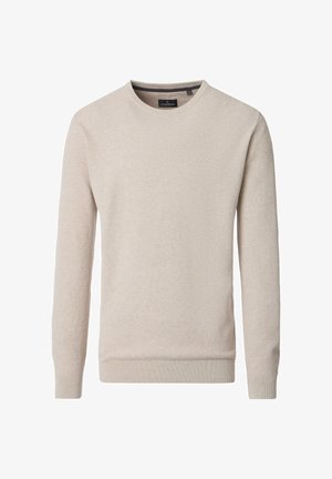 Light beige knit sweater with a round neck, long sleeves, ribbed cuffs, and hem. Textured fabric with a subtle pattern.