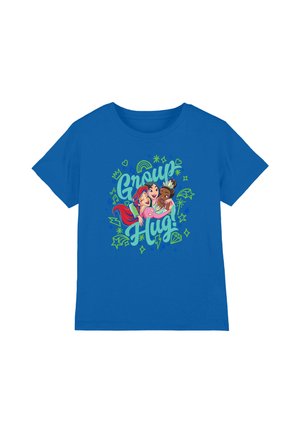 Blue children's t-shirt with colorful illustration of three girls hugging and the text "Group Hug!" surrounded by stars and musical notes.