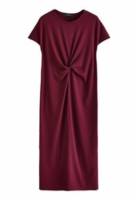 Burgundy neulepuku, jossa on hihattomat hihat, kierretty etuosa ja väljä istuvuus, valmistettu pehmeästä ja joustavasta kankaasta.