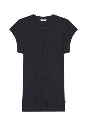 Schwarzes, kurzärmeliges, geripptes Strick-T-Shirt mit Rundhalsausschnitt und dezentem Markenlabel an der Seitennaht.