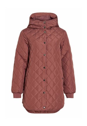 Steinrote gesteppte Jacke mit Kapuze, Druckknopfleiste, elastischen Bündchen und leicht abgerundetem Saum.