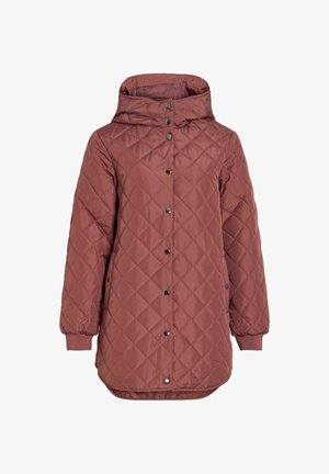 Steinrote gesteppte Jacke mit Kapuze, Druckknopfleiste, elastischen Bündchen und leicht abgerundetem Saum.
