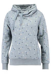 Felpa blu chiaro con alto colletto a cappuccio, caratterizzata da un motivo maculato di quadrati blu navy, arancioni e bianchi; realizzata in tessuto morbido.