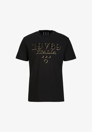 Zwarte katoenen t-shirt met gouden reliëftekst "19V69 ITALIA" met drie sterren en een schildontwerp. Ronde halslijn en korte mouwen.