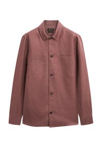 Lange mouw, bordeauxrode knoopshirt gemaakt van gestructureerde stof, met een spread collar en twee borstzakken. Zwarte knopen maken het ontwerp af.