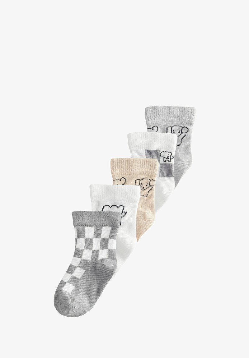 Set di cinque calzini di cotone in grigio, bianco e beige. Presenta motivi come scacchi e design di elefanti. Morbida texture a costine.