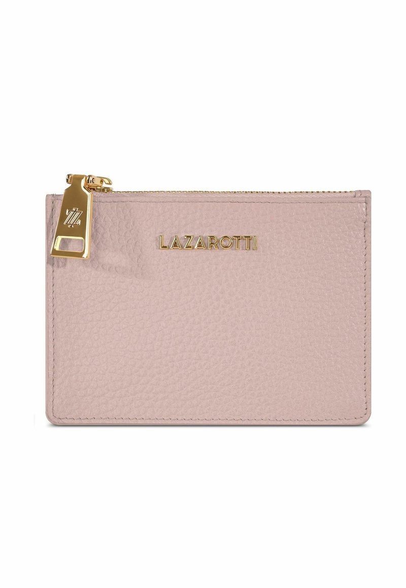 Portafoglio in pelle rosa chiaro con finitura testurizzata, dotato di una cerniera e accessori dorati. "LAZAROTTI" è impresso in oro sul davanti.