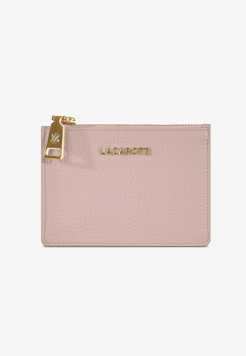 Portefeuille en cuir rose clair avec une finition texturée, doté d'une fermeture éclair et de pièces en métal doré. "LAZAROTTI" est embossé en doré à l'avant.