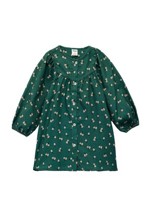 Grünes langärmliges Kleinkindkleid mit kleinem pinken Blumenmuster, Knopfverschluss vorne, gerafftem Schulterbereich und elastischen Bündchen.