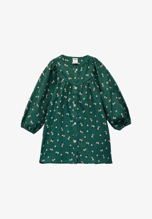 Grøn langærmet kjole til småbørn med små lyserøde blomster, frontlukning med knapper, rynket skæring og elastiske manchetter.