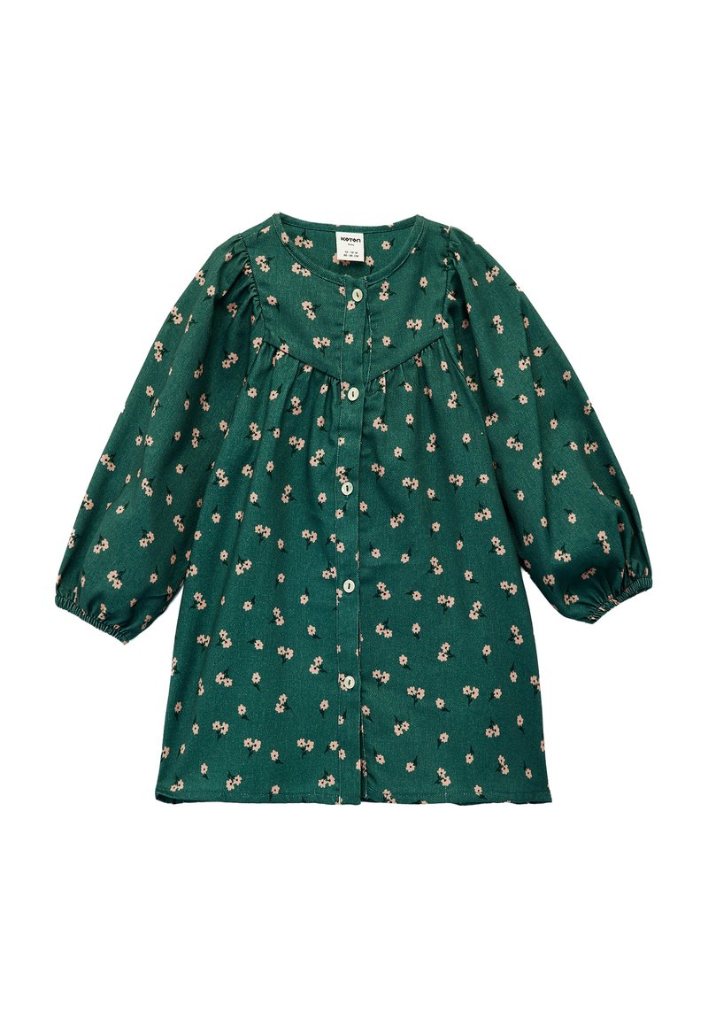 Vestido largo de manga larga para niña, color verde, con pequeño patrón floral rosa, cierre de botones en el frente, canesú fruncido y puños elásticos.