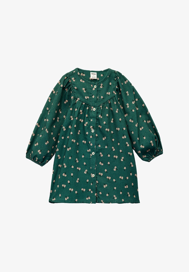 Groene lange mouwen peuterkleed met een klein roze bloempatroon, sluiting met knopen aan de voorkant, geplooide schouderpas en elastische manchetten.