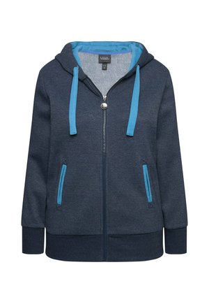 Marineblauer Reißverschluss-Hoodie mit grauem Innenfutter, blauen Kordeln und passenden Taschenakzenten. Weicher Stoff und gerippte Bündchen.