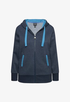 Marineblauwe zip-up hoodie met een grijze binnentoevoeging, blauwe trekkoorden en bijpassende zakaccenten. Zacht stof en geribbelde manchetten.