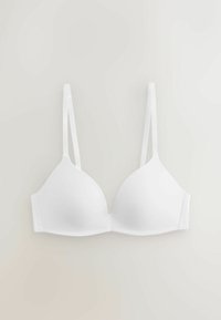 Soutien-gorge blanc rembourré avec bretelles fines réglables et tissu lisse, posé à plat sur un fond clair.