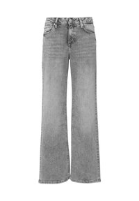 Šedé široké jeansy vyrobené z denimu, s uzáverom na gombík a zips, štyrmi vreckami a vyšúchaným povrchom so strhnutým lemom.