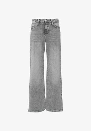 Jeans larges gris en denim, dotés d'une fermeture à bouton et à glissière, de quatre poches et d'une finition délavée avec un ourlet effiloché.