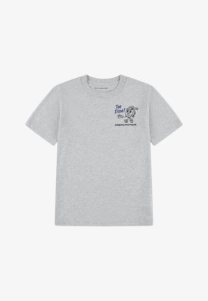 T-shirt en coton gris avec manches courtes, encolure ronde, et un motif graphique d'un golfeur avec le texte "Tee Time !" en bleu.