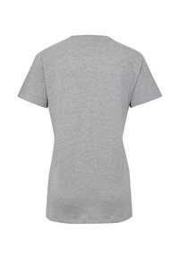 Gray cotton t-shirt, short sleeves, classic crew neck, smooth texture, no graphics or embellishments, viewed from the back.