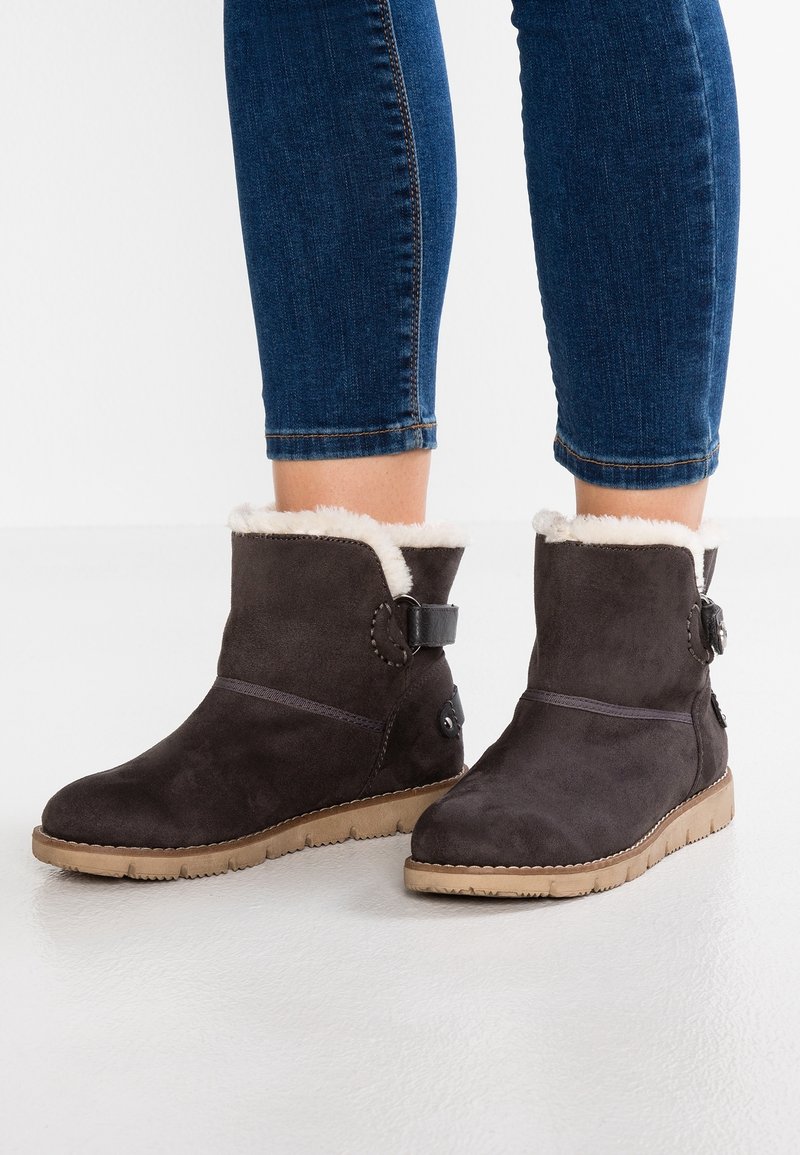 Stivaletti in suede marrone con fodera in pelliccia artificiale, dettaglio con cinturino e bottone decorativo, e suola in gomma testurizzata. Indossati con jeans scuri.