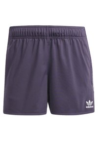 Purple athletic shorts made from lightweight fabric. Features an elastic waistband, side pockets, and a white Adidas logo on the lower left.