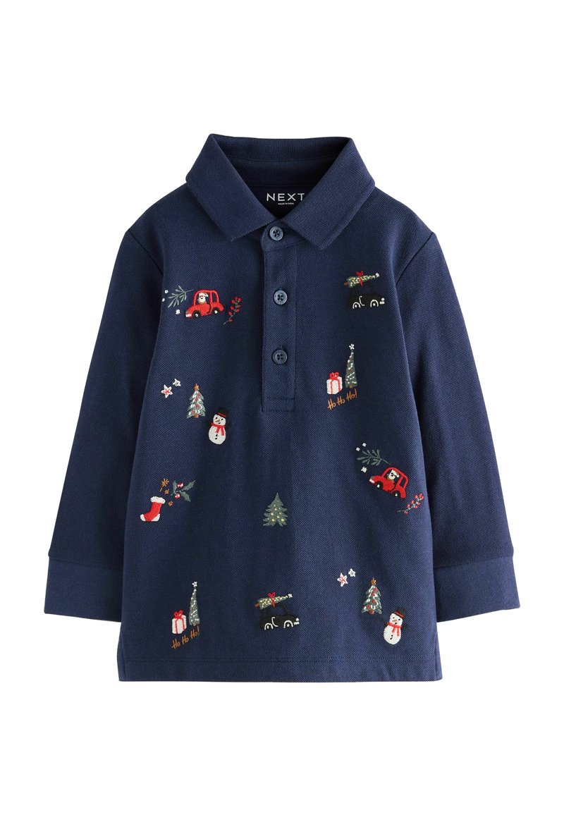 Polo a maniche lunghe blu navy con motivi festivi ricamati, tra cui alberi, camion, pupazzi di neve e regali. Presenta un colletto e una chiusura a bottoni.