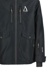 Black waterproof jacket with a zippered front, two chest pockets, and adjustable cuffs. Features logo detail and reinforced stitching.