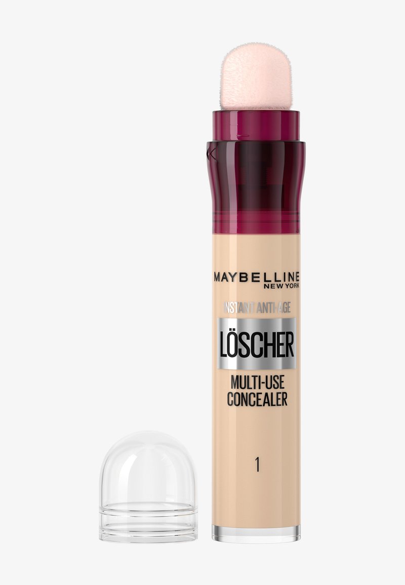 Correcteur multi-usage Maybelline en beige avec un capuchon translucide. Il dispose d'un embout applicateur doux et rond et d'un design cylindrique.