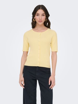 Femme portant un haut jaune pâle à manches courtes boutonné et un pantalon foncé, debout devant un fond clair uni.