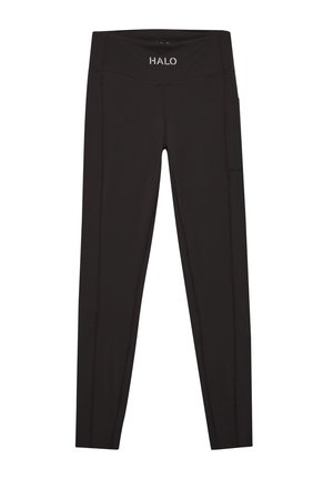 Leggings de sport noirs taille haute avec poche latérale et logo réfléchissant "HALO" sur la ceinture, présentés à plat sur fond blanc.