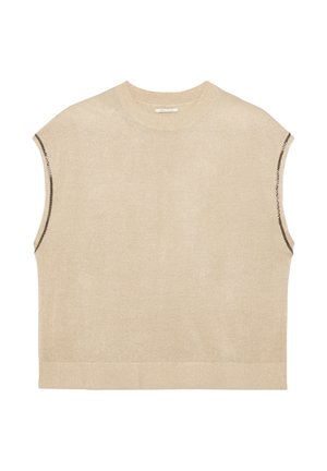 Beige ärmelloses Stricktop mit Rundhalsausschnitt, sanftem Glanz und dekorativen Nähten entlang der Armöffnungen und dem unteren Saum.