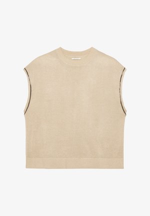 Beige mouwloze gebreide top met een ronde hals, subtiele glans en decoratieve stiksels langs de armsgaten en de onderrand.