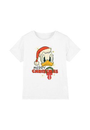 Weißes Baumwoll-T-Shirt mit einem Grafikdruck eines Comic-Enten, die einen Weihnachtsmann-Hut trägt, mit dem Text "FRÖHLICHE WEIHNACHTEN" in Rot und Grün, verziert mit Sternen.