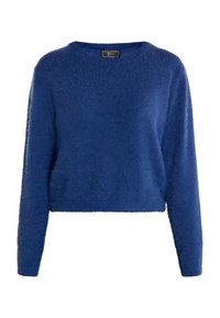 Blauer, flauschiger Strickpullover mit langen Ärmeln und rundem Ausschnitt. Hat ein kurzes Design und eine weiche Textur. Markenlabel innen am Ausschnitt sichtbar.
