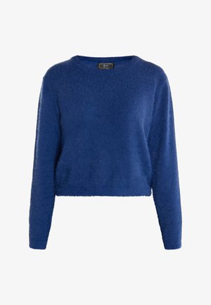 Blauwe, fuzzy gebreide trui met lange mouwen en een ronde halslijn. Heeft een cropped ontwerp en een zachte textuur. Merklabel zichtbaar aan de binnenkant van de hals.