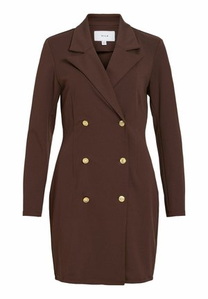 Robe blazer marron croisée à manches longues, boutons dorés, revers crantés, tissu lisse et deux poches latérales.