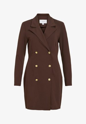 Robe blazer marron croisée à manches longues, boutons dorés, revers crantés, tissu lisse et deux poches latérales.