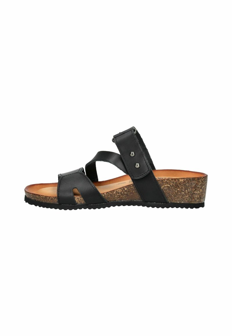 Sandal in pelle nera con suola in sughero. Presenta multiple cinghie, ritagli e una chiusura con fibbia con dettagli in metallo argentato.