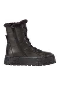 Botte noire en cuir à lacets avec fermeture éclair latérale, semelle épaisse et robuste, et doublure en fourrure duveteuse autour du bord supérieur.