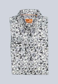 Weißes Kurzarmhemd mit schwarzem Blumenmuster und Brusttasche; aus leichtem, glattem Stoff gefertigt.