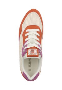 Mehrfarbige Sneaker aus Netz- und Leder Materialien. Mit weißen Schnürsenkeln, orangefarbenen und lila Akzenten sowie einem Logo auf der Zunge. Größe 38.