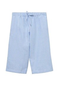 Pantalons de pyjama rayés bleu clair avec une taille élastique et un cordon de serrage. Le tissu semble doux avec des rayures verticales et une coupe lâche.