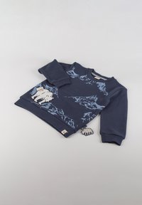 Felpa blu navy con un motivo di montagne azzurre e un'applicazione di un orso bianco. Completata con polsini a coste e una piccola etichetta.